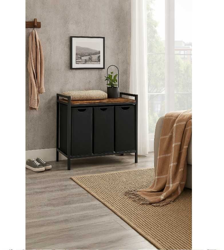 Kosz na pranie z półką trzykomorowy INDUSTRIALNY LOFT 76x92,5x33