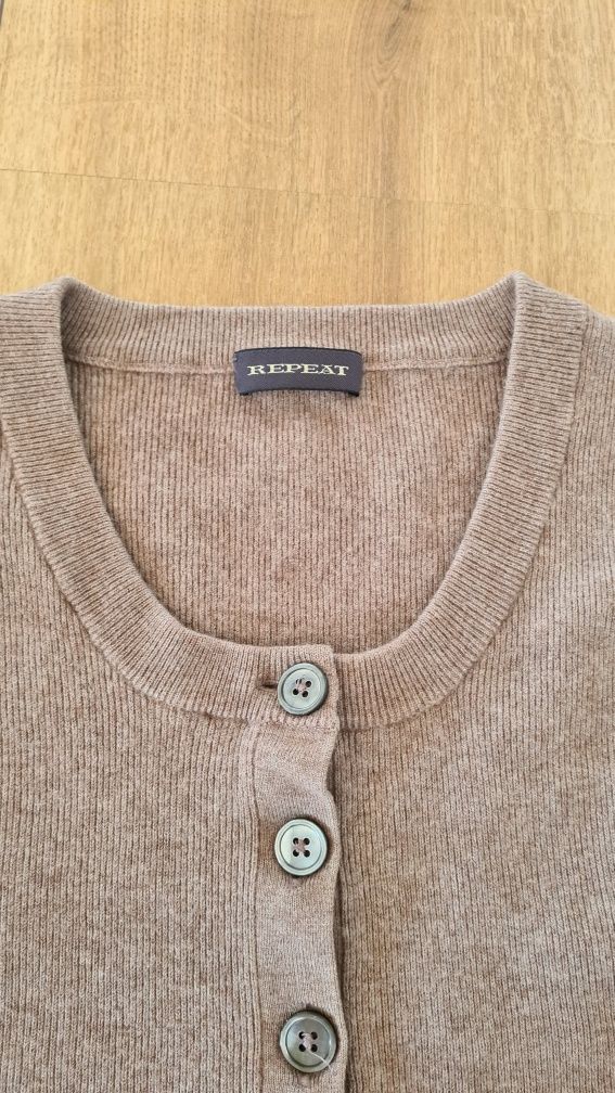 Sweter Kardigan Kaszmir Wełna Jedwab. Ciepły brąz Cammel. Rozmiar 38 M