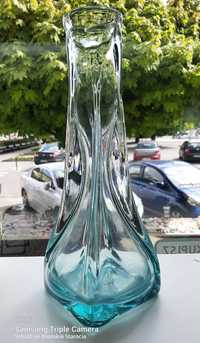 Ciekawy stary wazon szklany prl vintage huta Wołomin niebieski soczew.