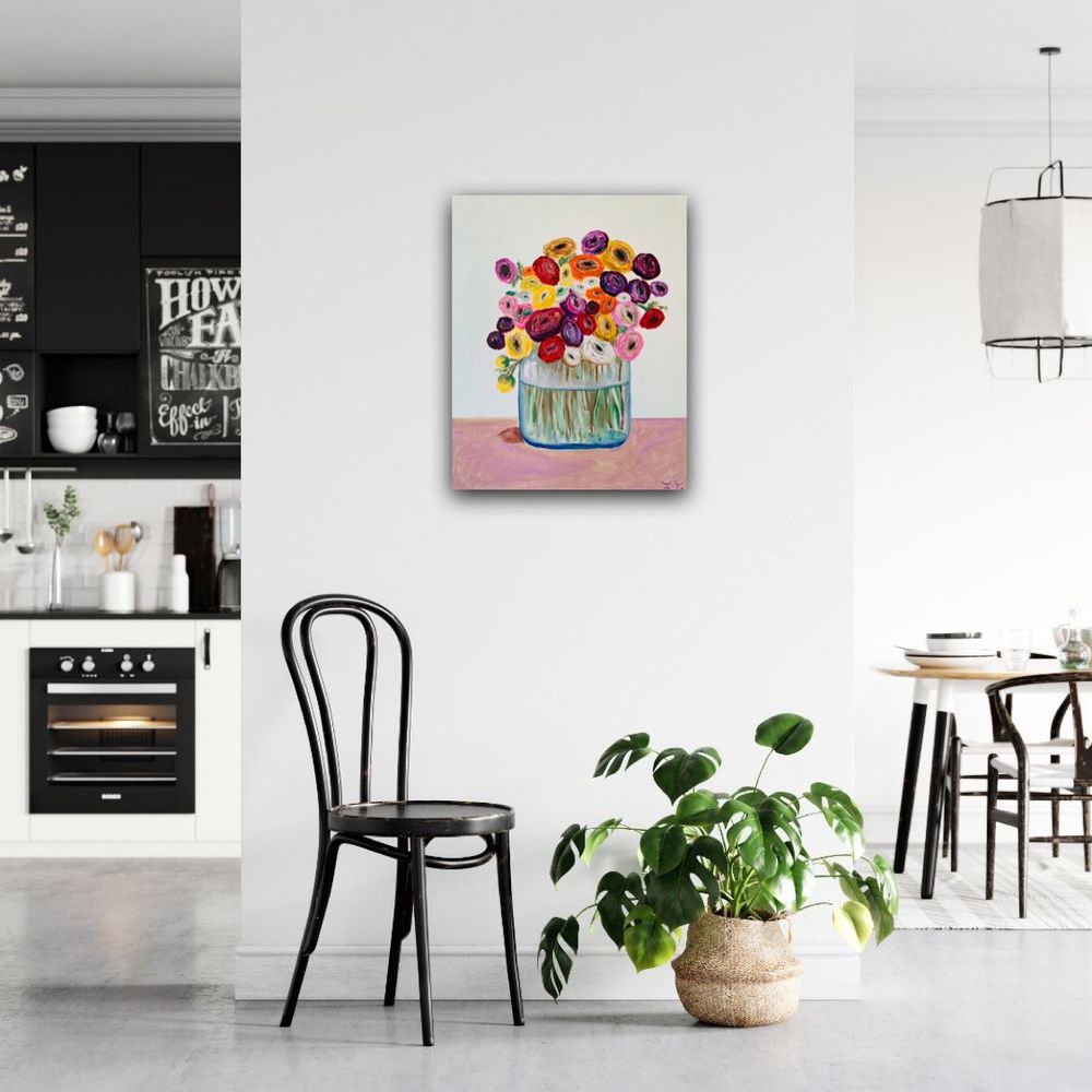 Картина «Ранункулюсы», холст, акрил, цветы, букет, интерьер, ваза.