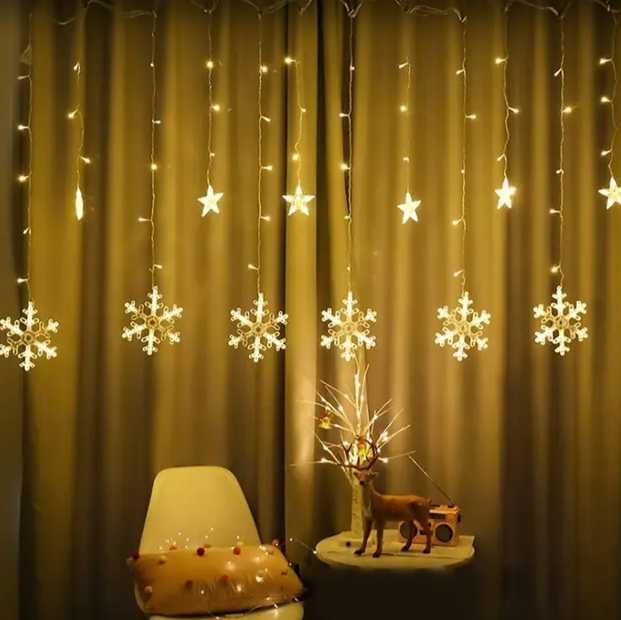 Новогодняя cветодиодная гирлянда шторка "Снежинки и Звезды"
