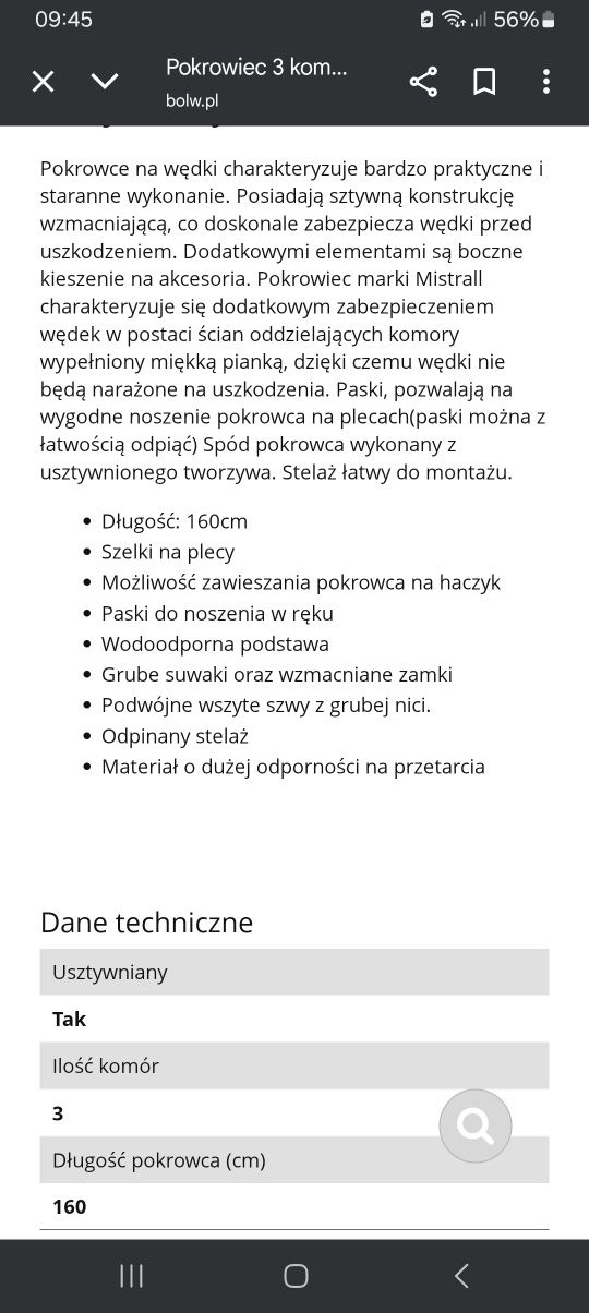 Pokrowiec wędkarski Mistral 3- komorowy 160 cm  usztywniony z nogami