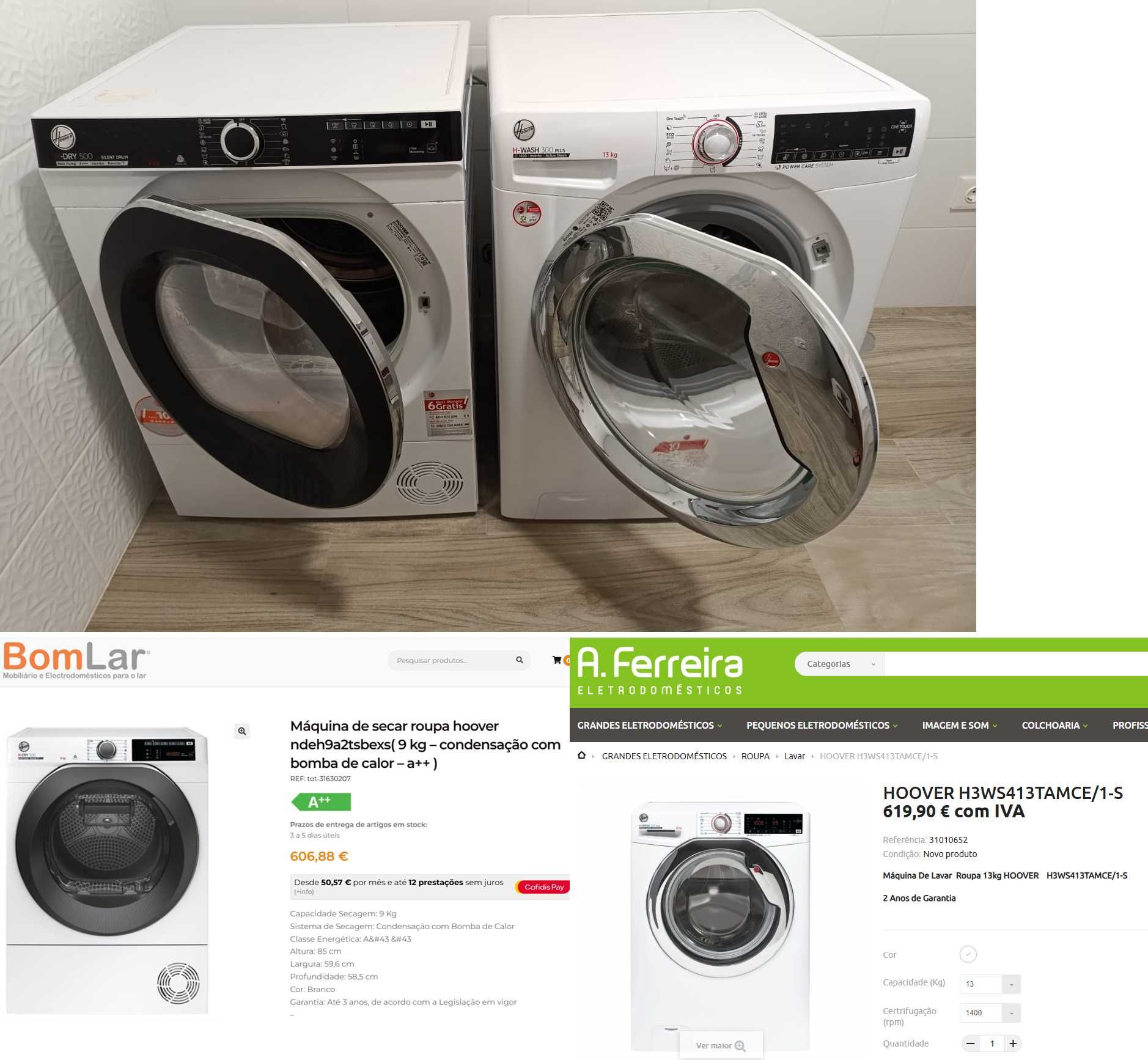 Máquina de lavar roupa Hoover 13kg + máquina de secar roupa Hoover 9kg