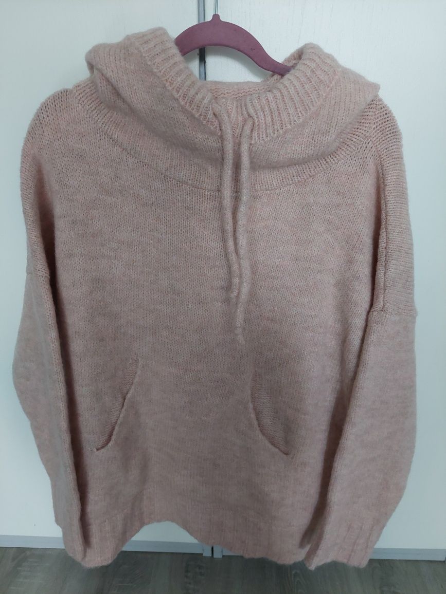 Nowy sweter bluza oversize z kapturem pudrowy róż wełna
