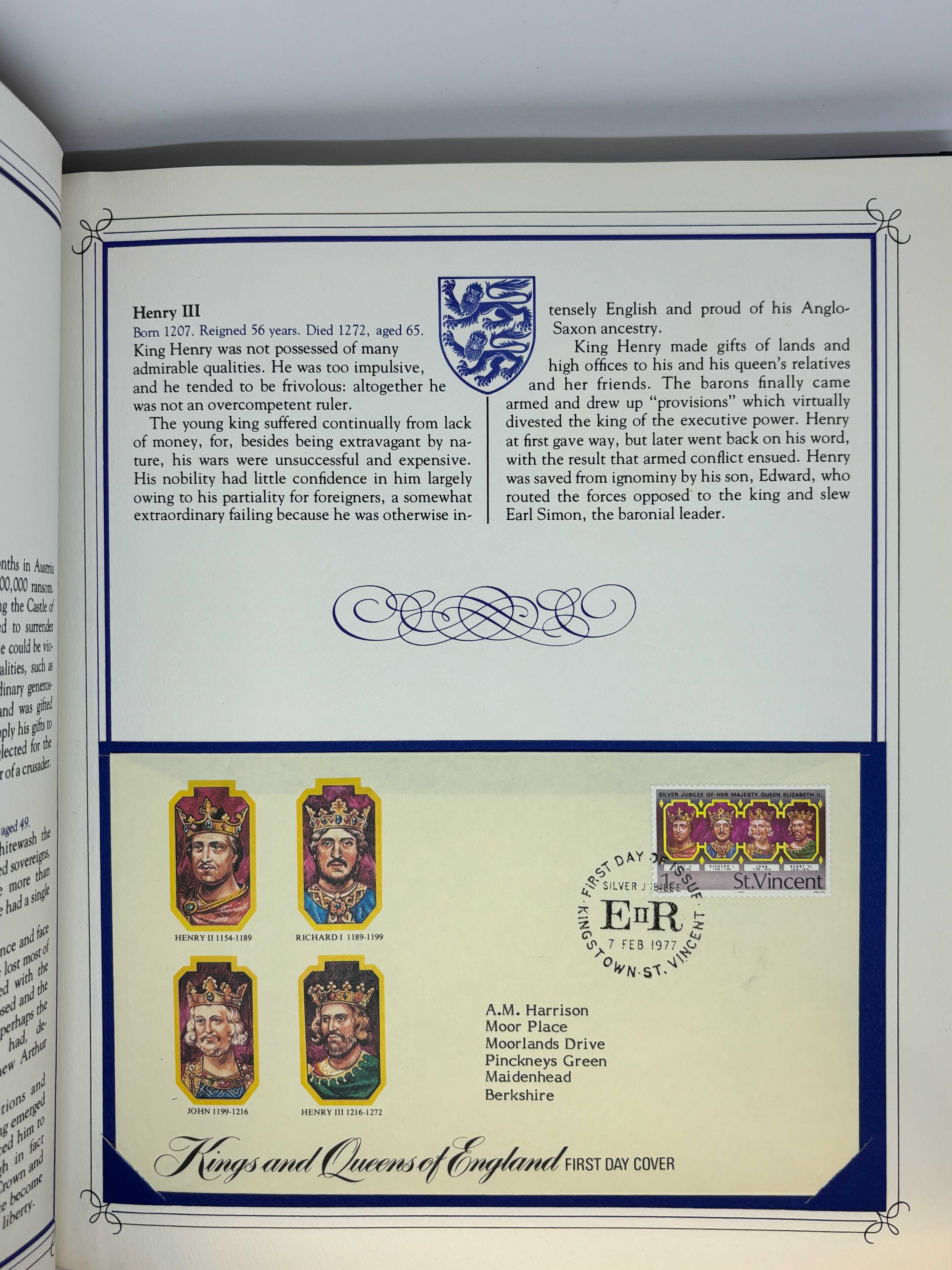 Koperty FDC ST.VINCENT Królowie i Królowe Anglii.