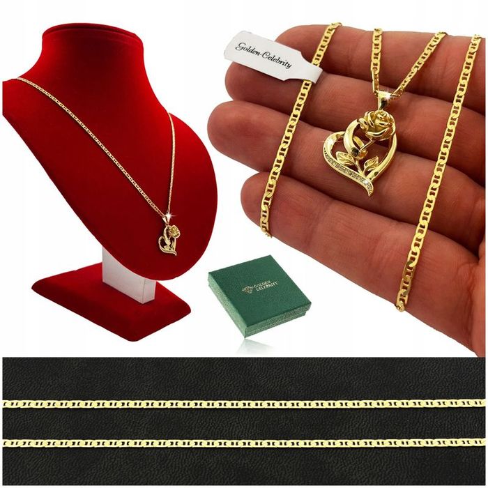 Ekskluzywny Damski Łańcuszek Gucci + Duże Serce Z Różą Srebro 925 Złot