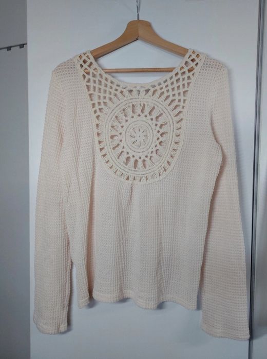Kremowa bluzka boho 36/S beżowa bluzka S lekki biały sweter boho S/M