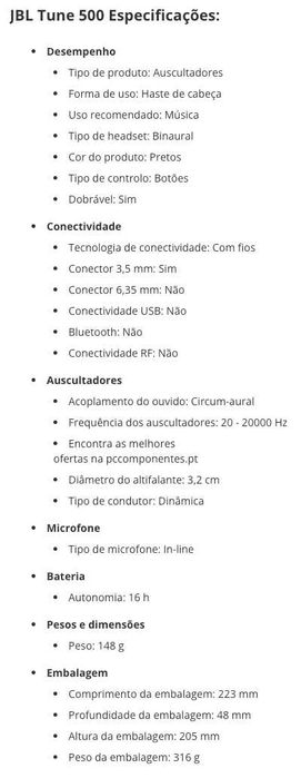 Headphones Auscultadores JBL Tune 500 NOVOS