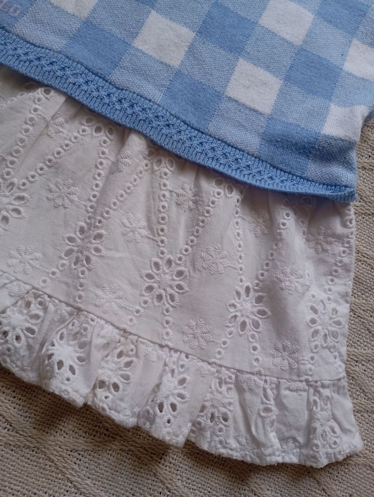 RALPH LAUREN 9-12m bawełniana haftowana sukienka niebieska w kratkę