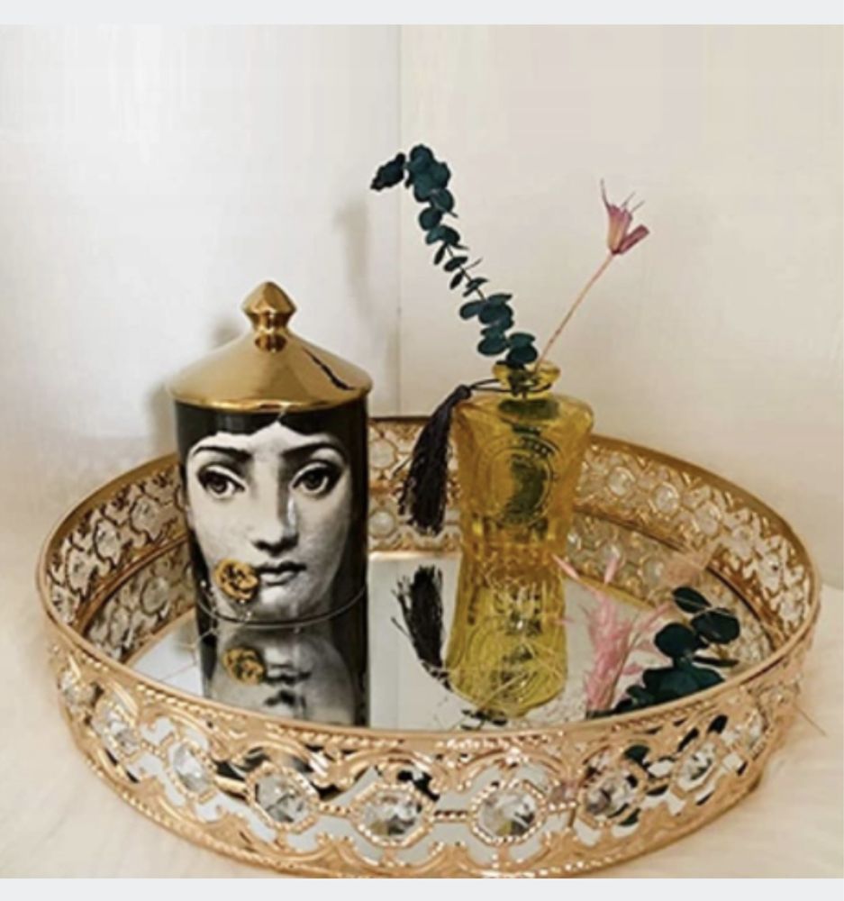 Vintage taca z lustrem złota lustrzana 30cm duża patera różowe złoto
