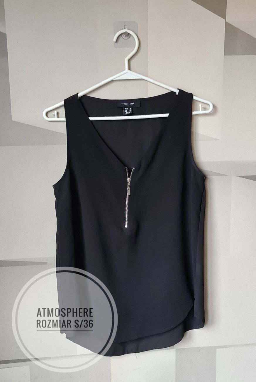 Bluzka czarna,zwiewna, bez rękawów, elegancka, rozmiar S/36 ATMOSPHERE