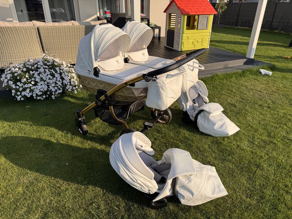 Wózek bliźniaczy Junama Duo Diamond Satin Mirror Rose Gold cały zestaw