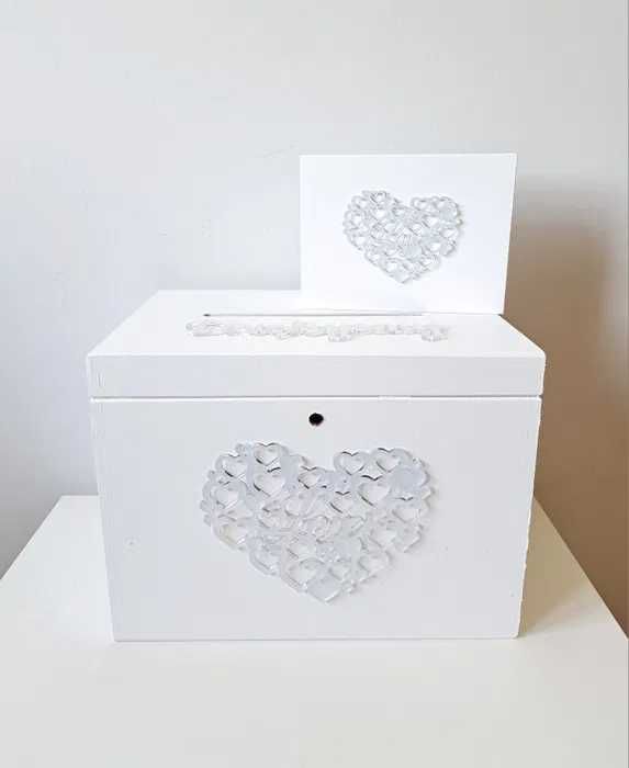 Lustrzany srebrny pudełko na koperty zamykane na klucz obrączki wesele