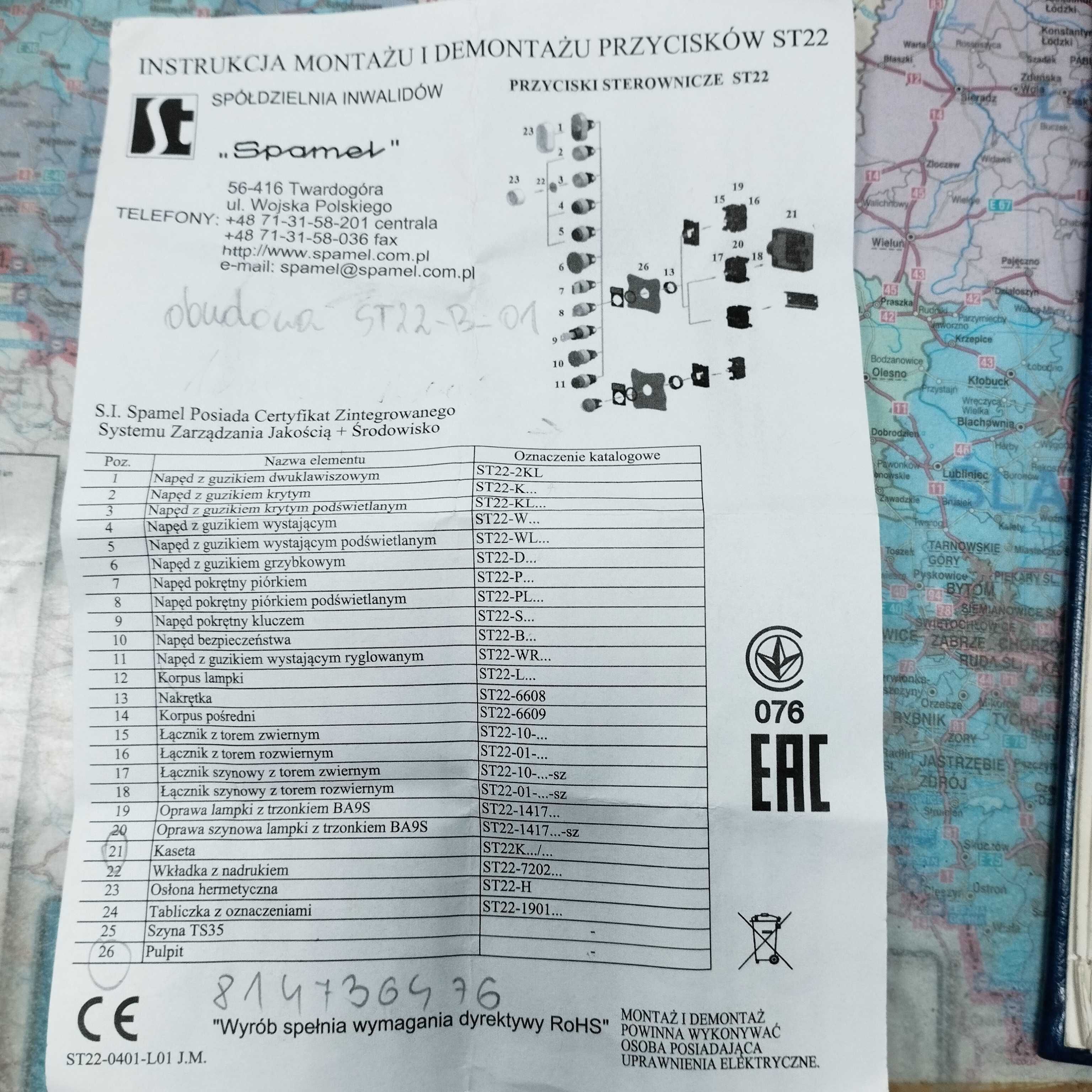 Przycisk kompletny z guzikiem grzybkowym bezpieczeństwa ST22-B-01
