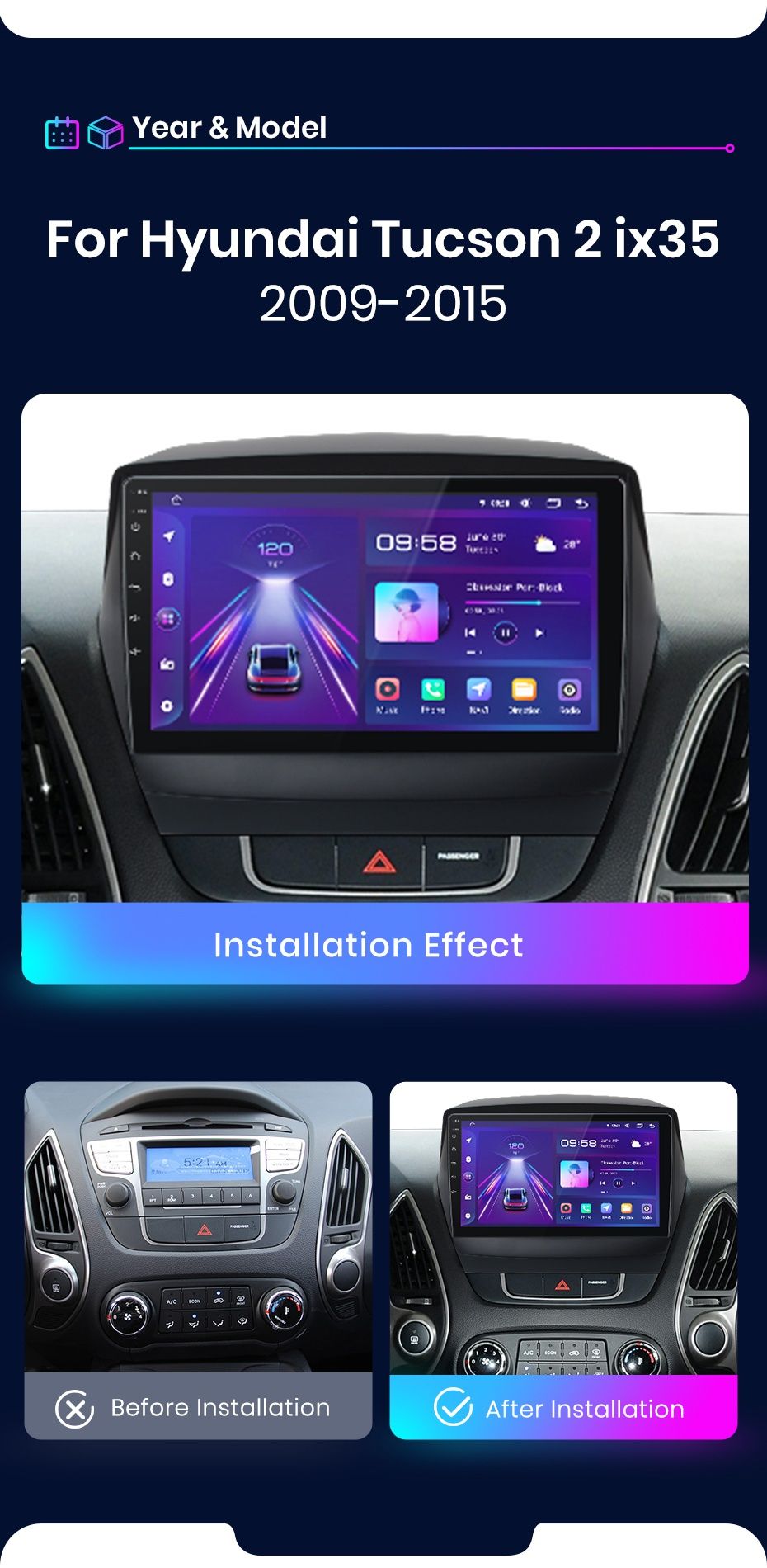 Rádio 9" Android Hyundai Tucson 2 Ix35 de 2009-15 WIFI GPS 1/32GB