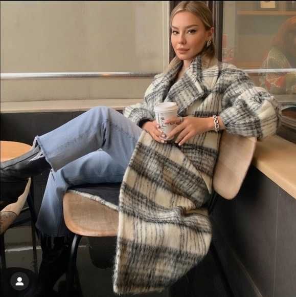Płaszcz Zara wełna wełniany oversize krata kratka rozm L NOWY