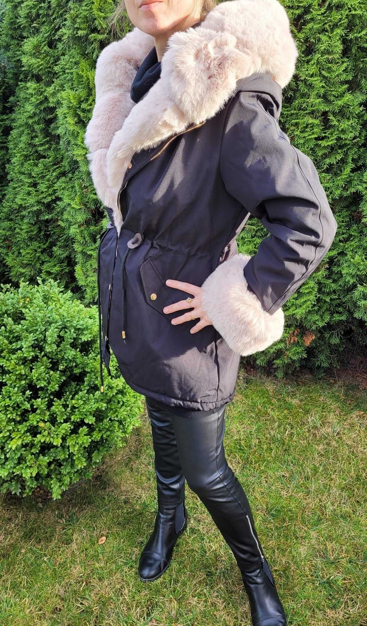 Czarna zimowa kurtka parka damska z futerkiem i kapturem nowa M-2XL