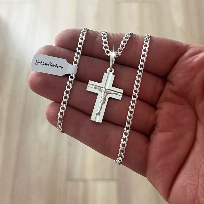 Błyszczący Męski Łańcuszek Pancerka + Krzyżyk Jezus Chrystus + Grawer