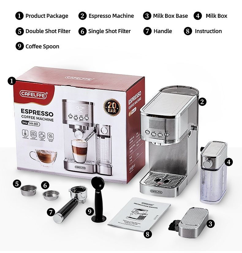 Cafelffe MK801 Полуавтоматическая Кофемашина 1350Вт/20БАР/Кофеварка