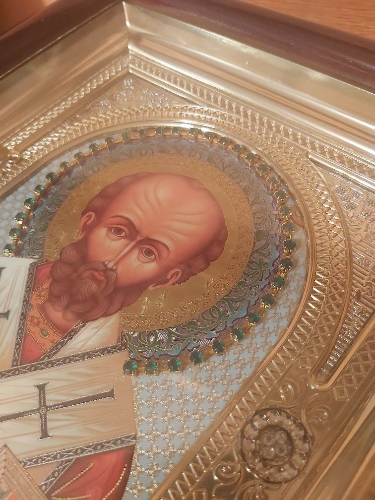Piękna Ikona prawosławna w kiocie Święty Mikołaj Biskup Miry.