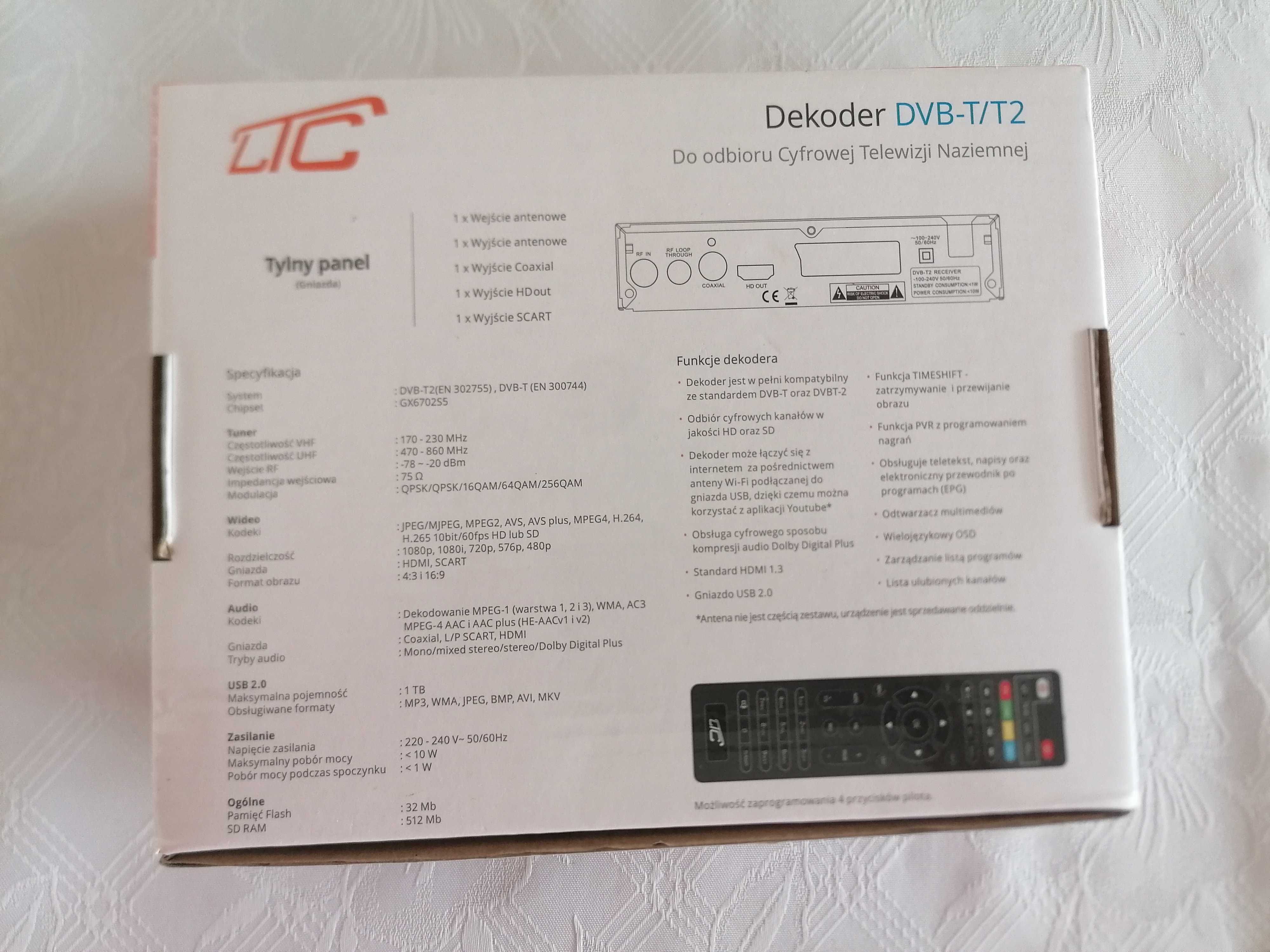 Tuner DVB-T-2 LTC TV naziemnej DVB505 z pilotem H.265
