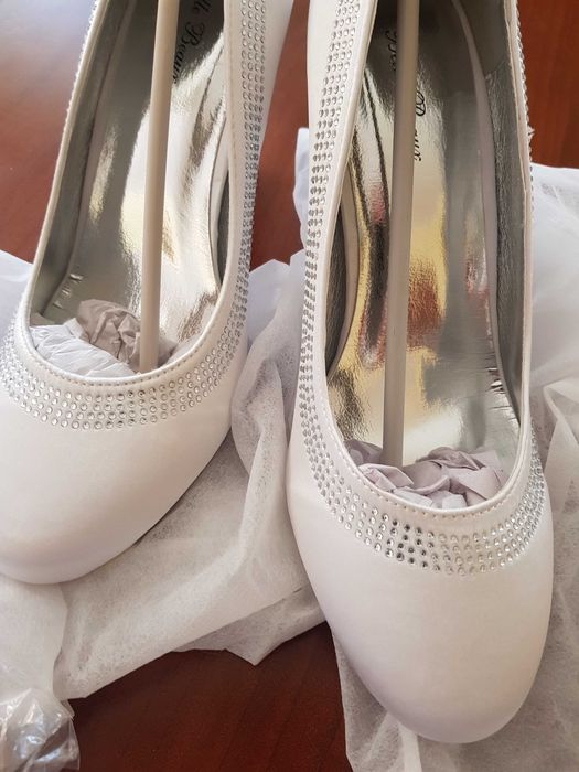 NOWE BUTY 39 ślub SATYNA białe z cyrkoniami obcas 9 cm UK
