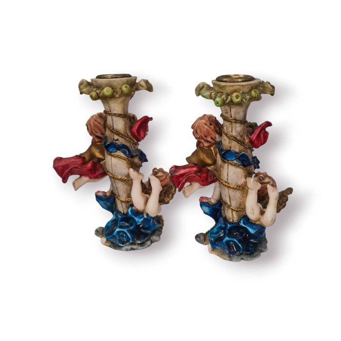 Par Castiçais Barrocos com Querubins – Pintados à Mão