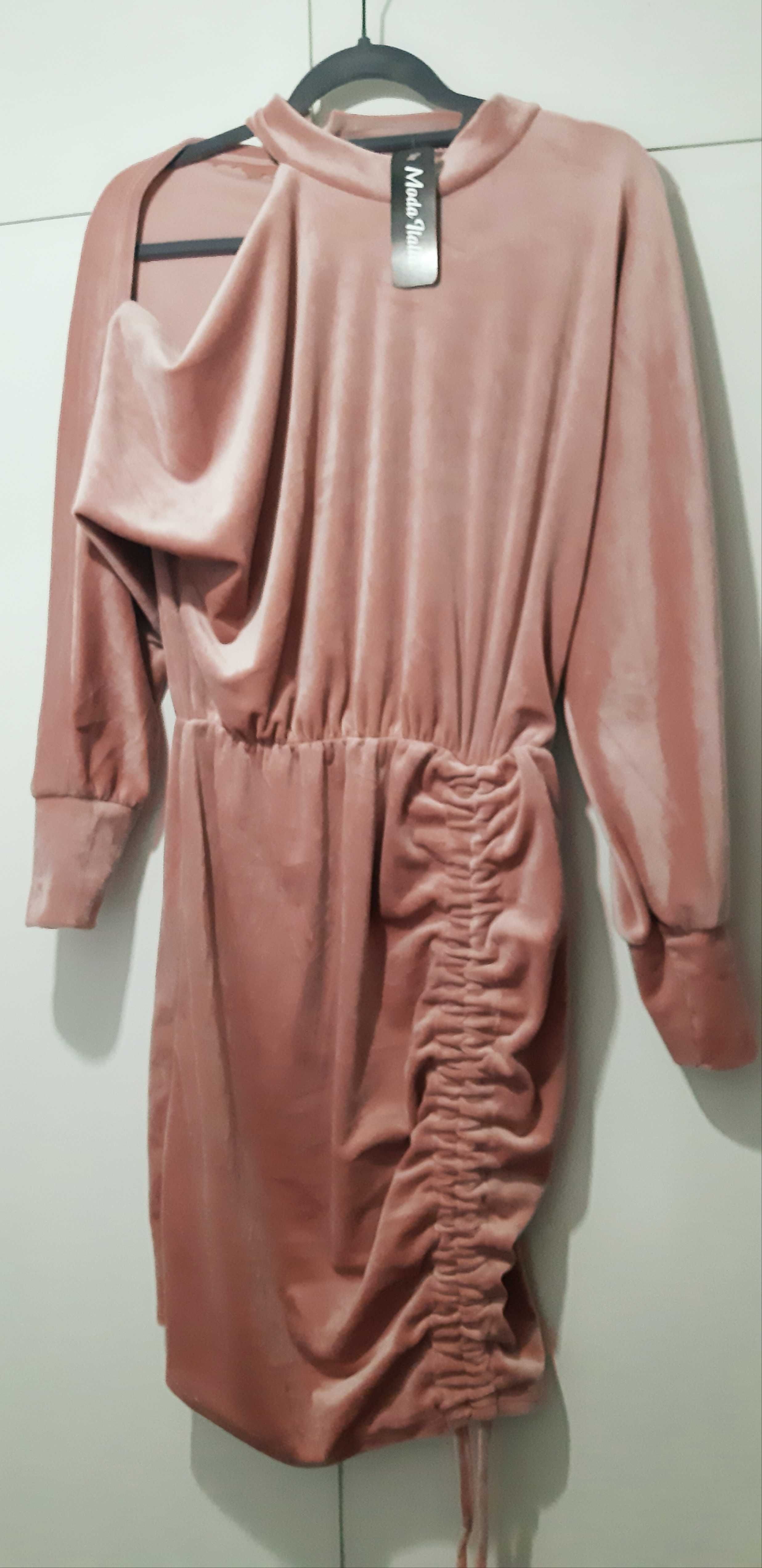 NOWA welurowa sukienka ze ściągaczem i odkrytym ramieniem -uniwersalna