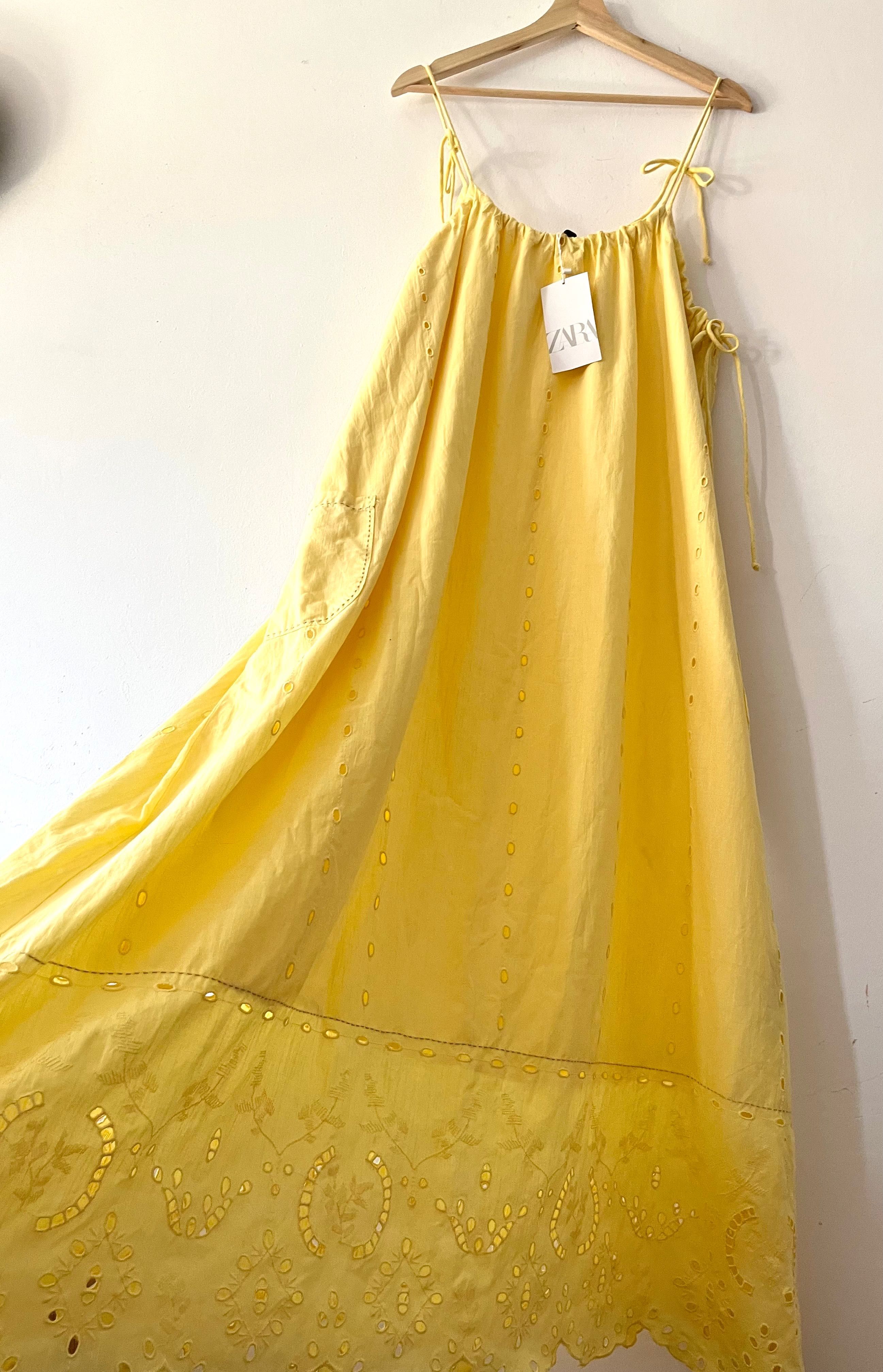 Sukienka Zara żółta maxi bawełniana wiązane ramiączka M oversize hafty