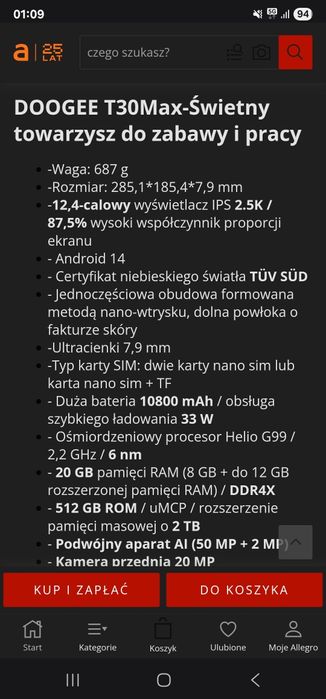 Dobry Tablet Doogee T30 Max IPS 12.4 cala 2.5K ram 20gb dysk 512gb