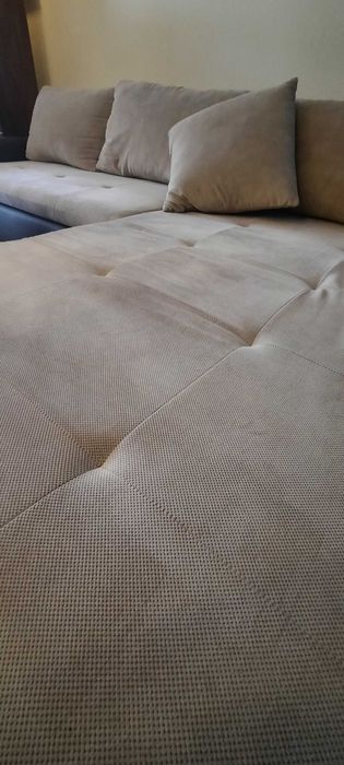 Narożnik z funkcją spania beżowy brązowy 300/215