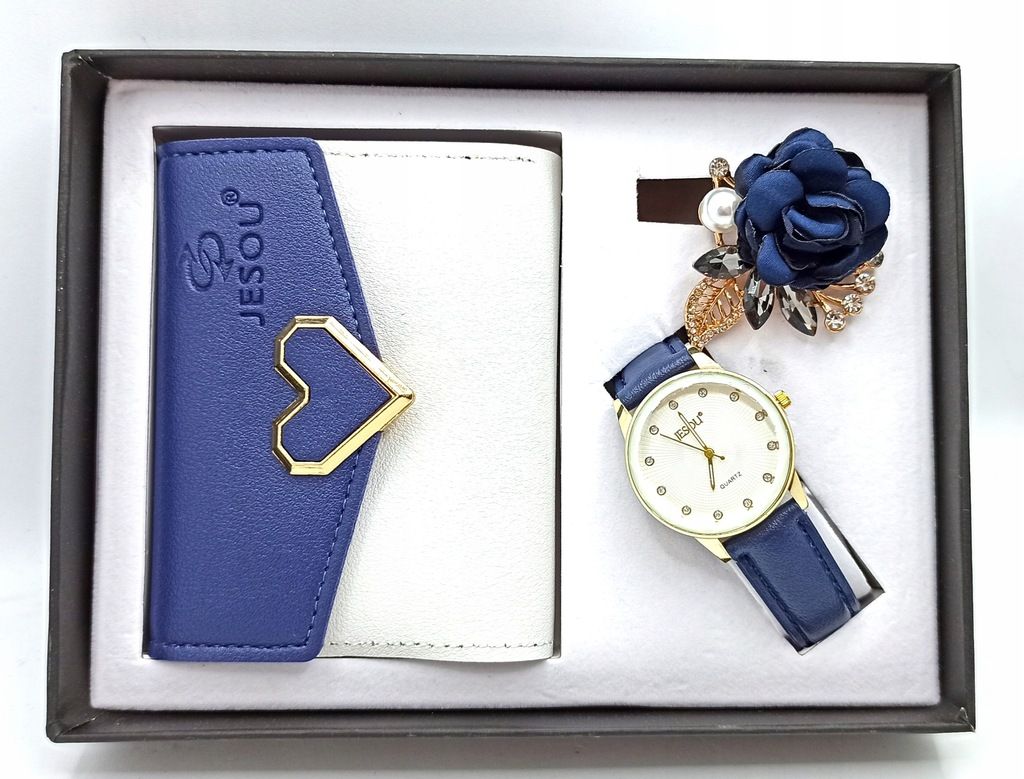 Zestaw Prezentowy Dla Kobiet Niebieski Portfel Zegarek Broszka