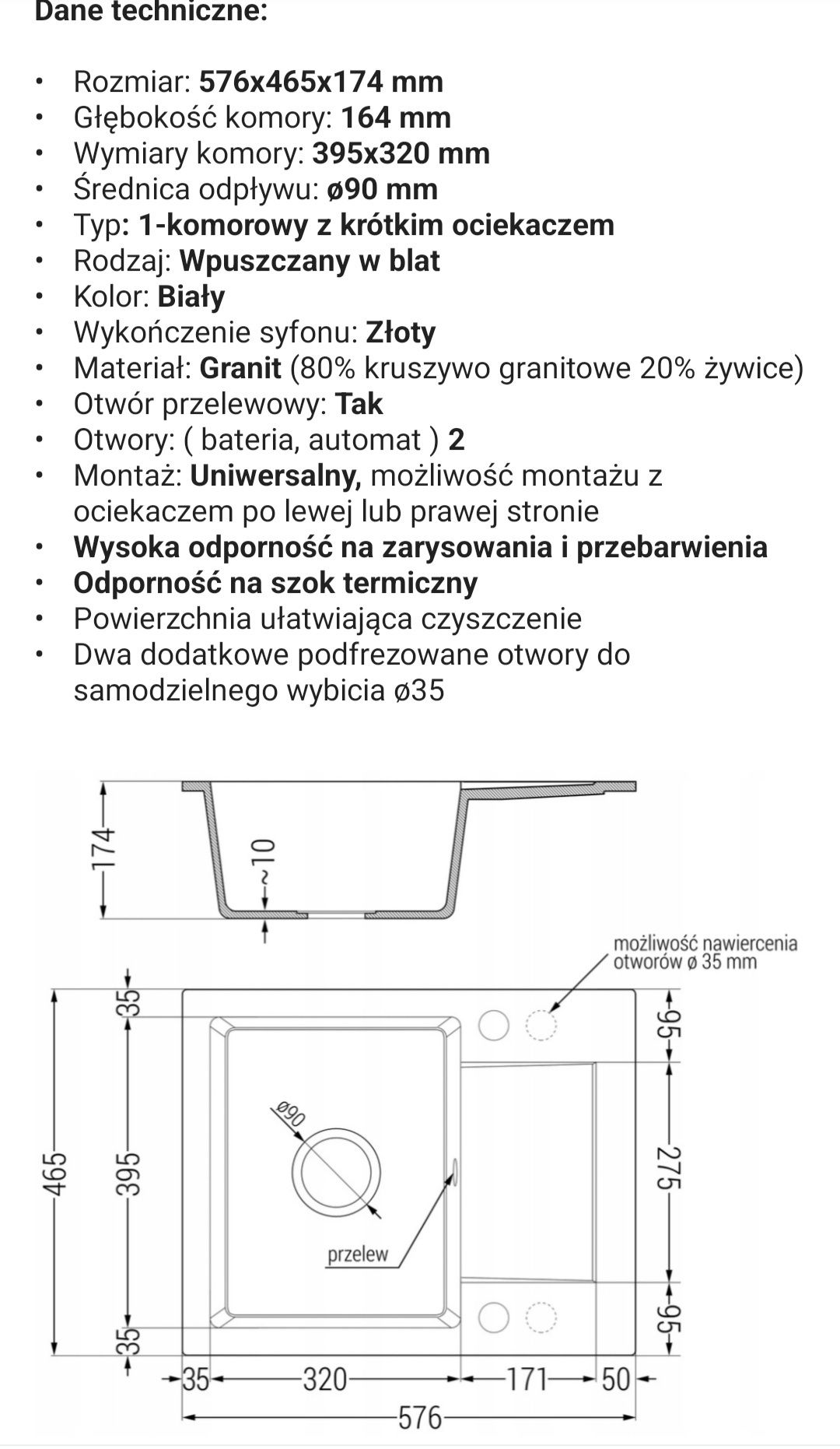 Zlewozmywak jednokomorowy Mexen Enzo biały złote elementy