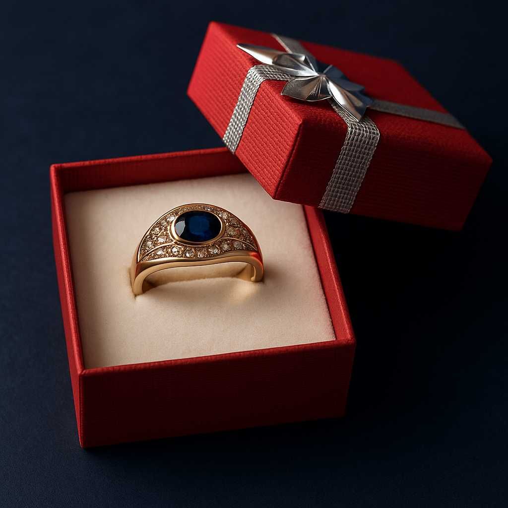 Złoty Pierścionek z Szafirem 0,7ct i Diamentami 0,24ct - 585 / 3,77g