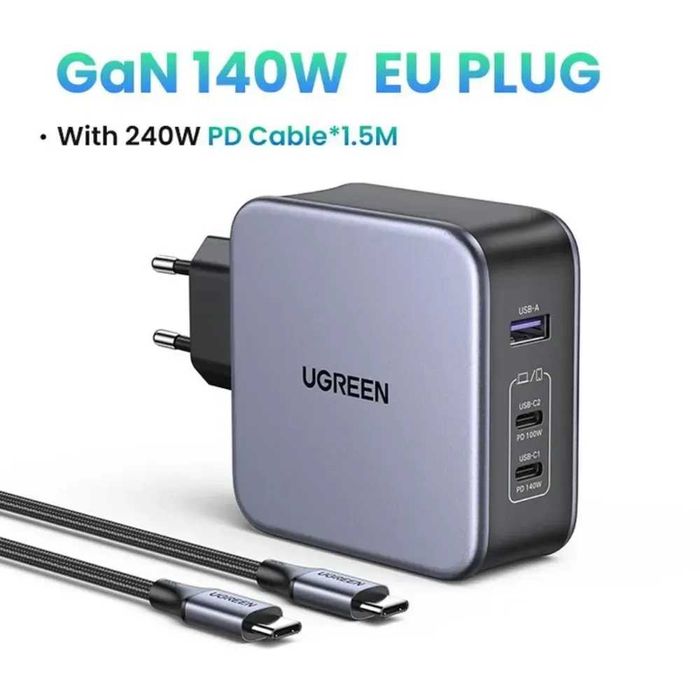 Зарядний пристрій новий Ugreen GaN 140W + кабель Type-C 1.5 м