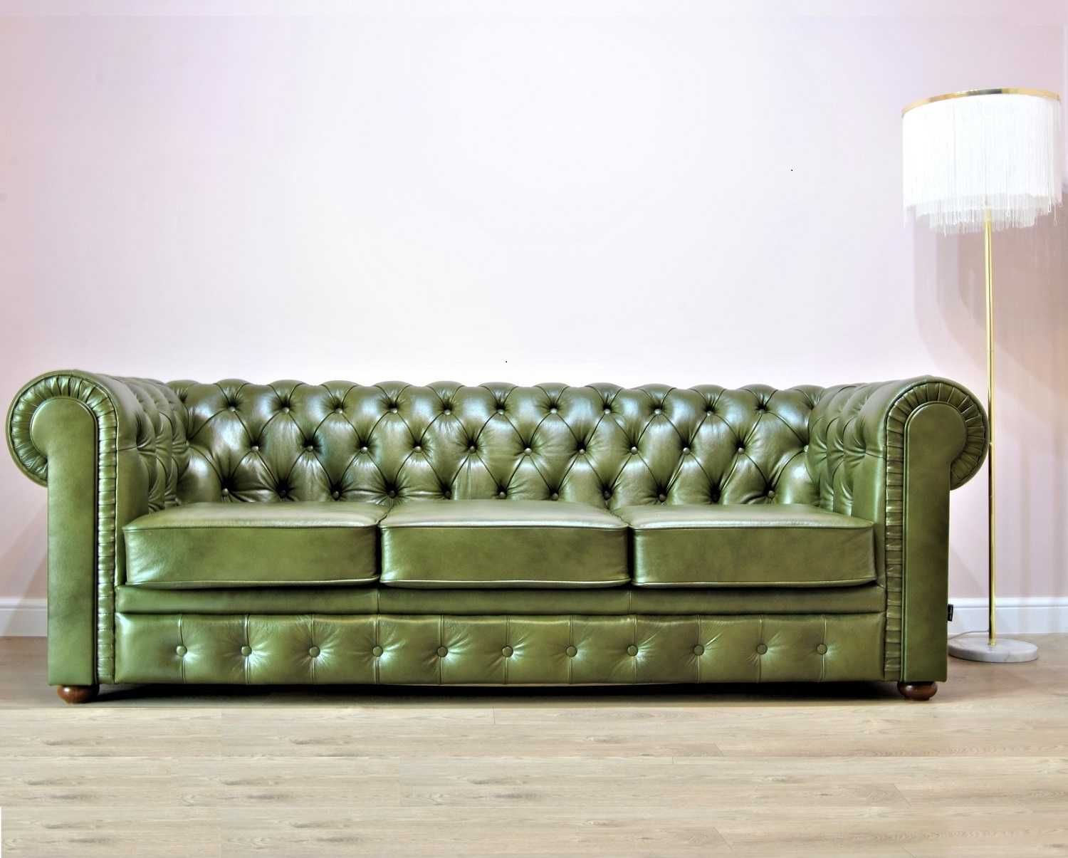 Sofa pikowana skórzana z funkcją spania 3 osobowa plisowane boki