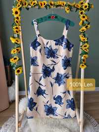 Lniana damska sukienka Kremowa w niebieskie kwiaty koraliki 100% Len k