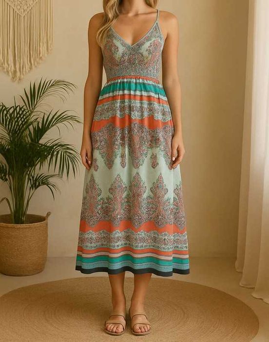 Kolorowa sukienka letnia L/XL – długa, boho, przewiewna, bawełna