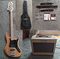 LA II Bass Guitar, V15B Amp, e acessórios.