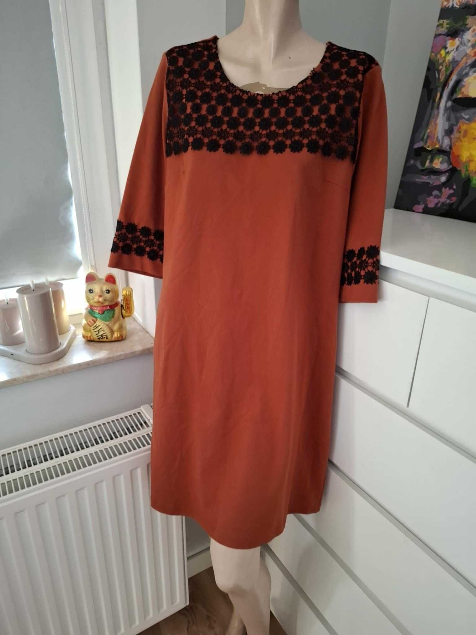 XXL 44 karmelowa brązowa czarna sukienka koronkowa letnia na lato boho