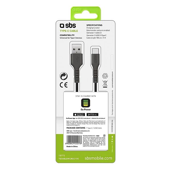 Kabel SBS TECABLEMICROC15K USB-A - USB-C 1,5m - czarny