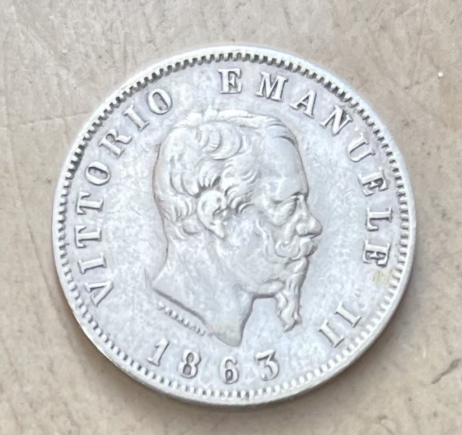 Moeda de 1 lira do Reino de Itália do ano de 1863