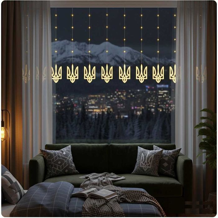 Декоративна патріотична LED гірлянда штора Тризуб 3 метри, 8 фігурок