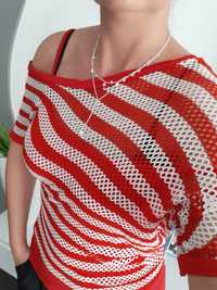 Bluzka asymetryczna siatka pasy paski ażurowy podwójna opadające ramię
