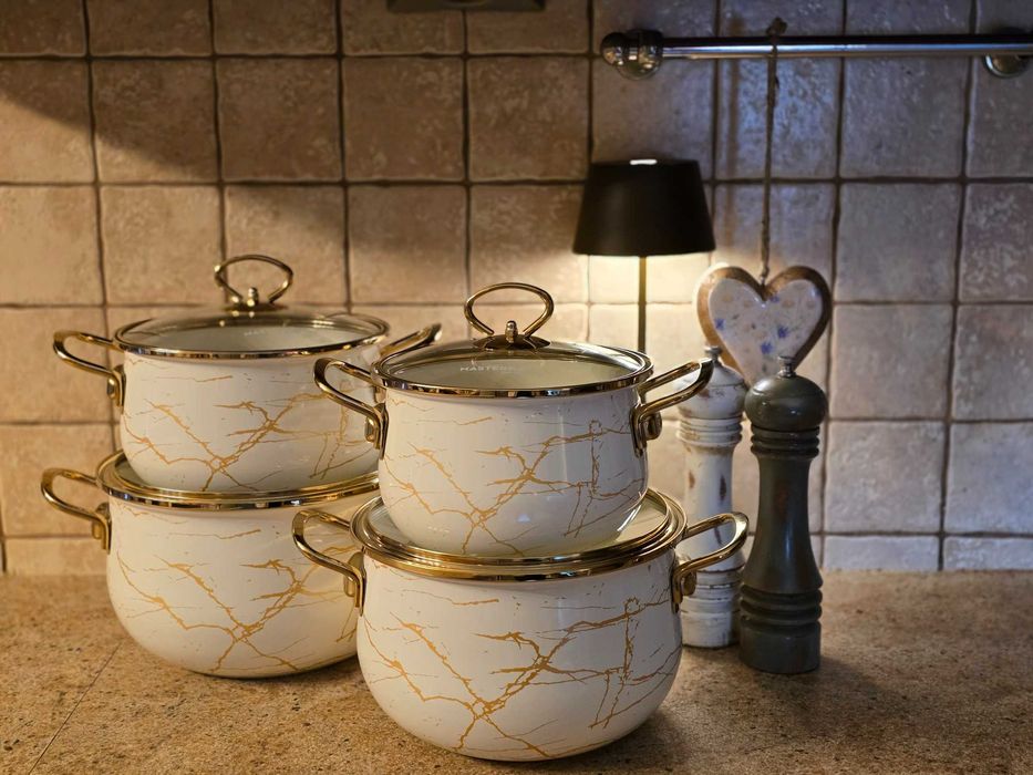 Garnki zestaw emalia marmur kremowe