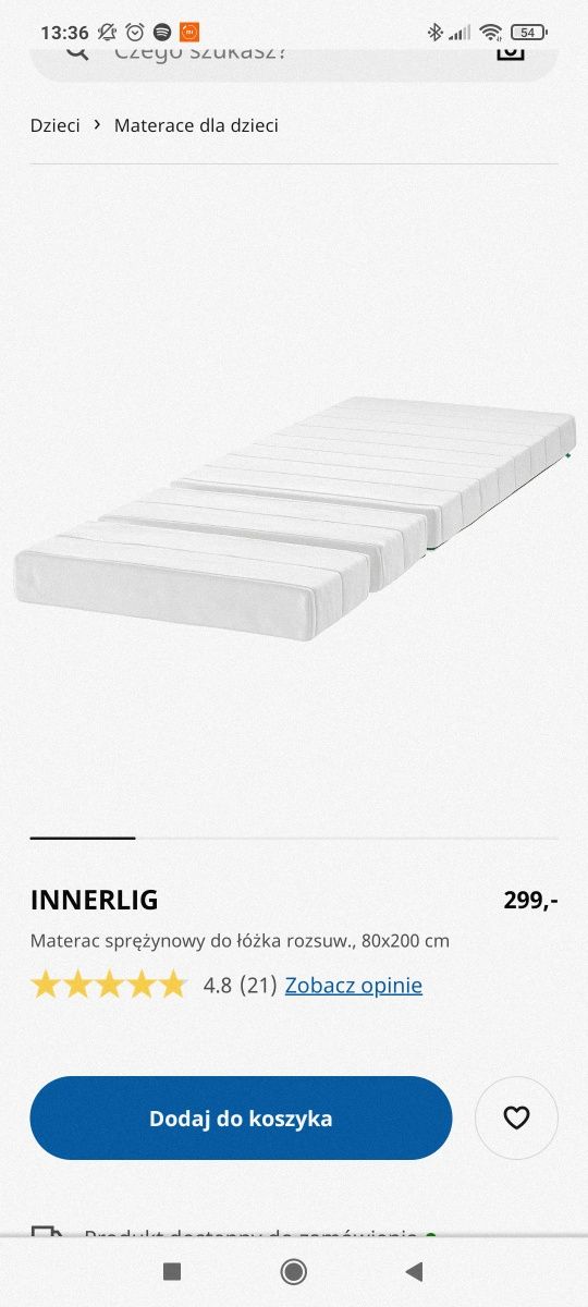 Materac IKEA Innerling 80x200 do łóżek rozsuwanych