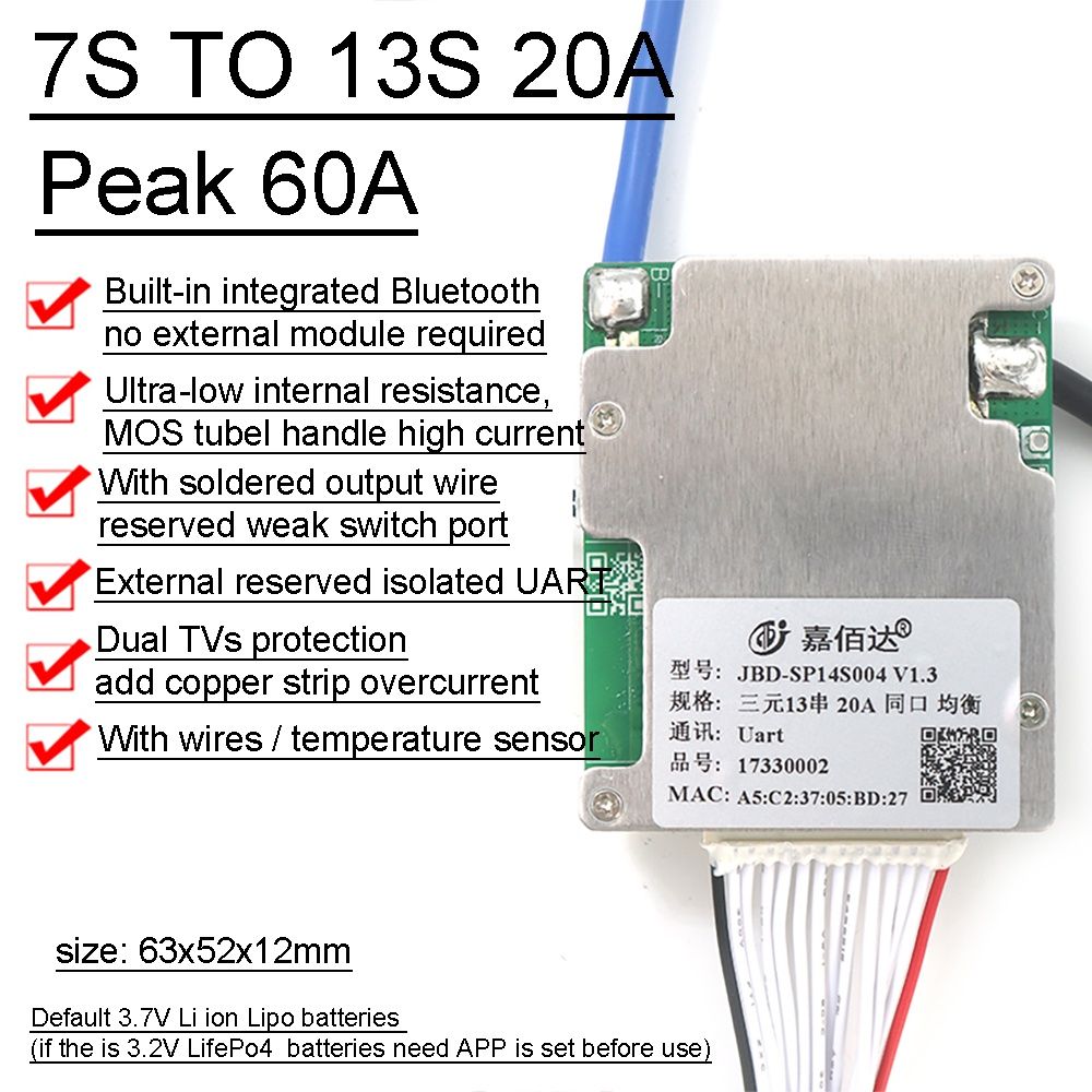 Smart BMS JIABAIDA 20A 7S-14S плата з Bluetooth для li-ion та Lifepo4