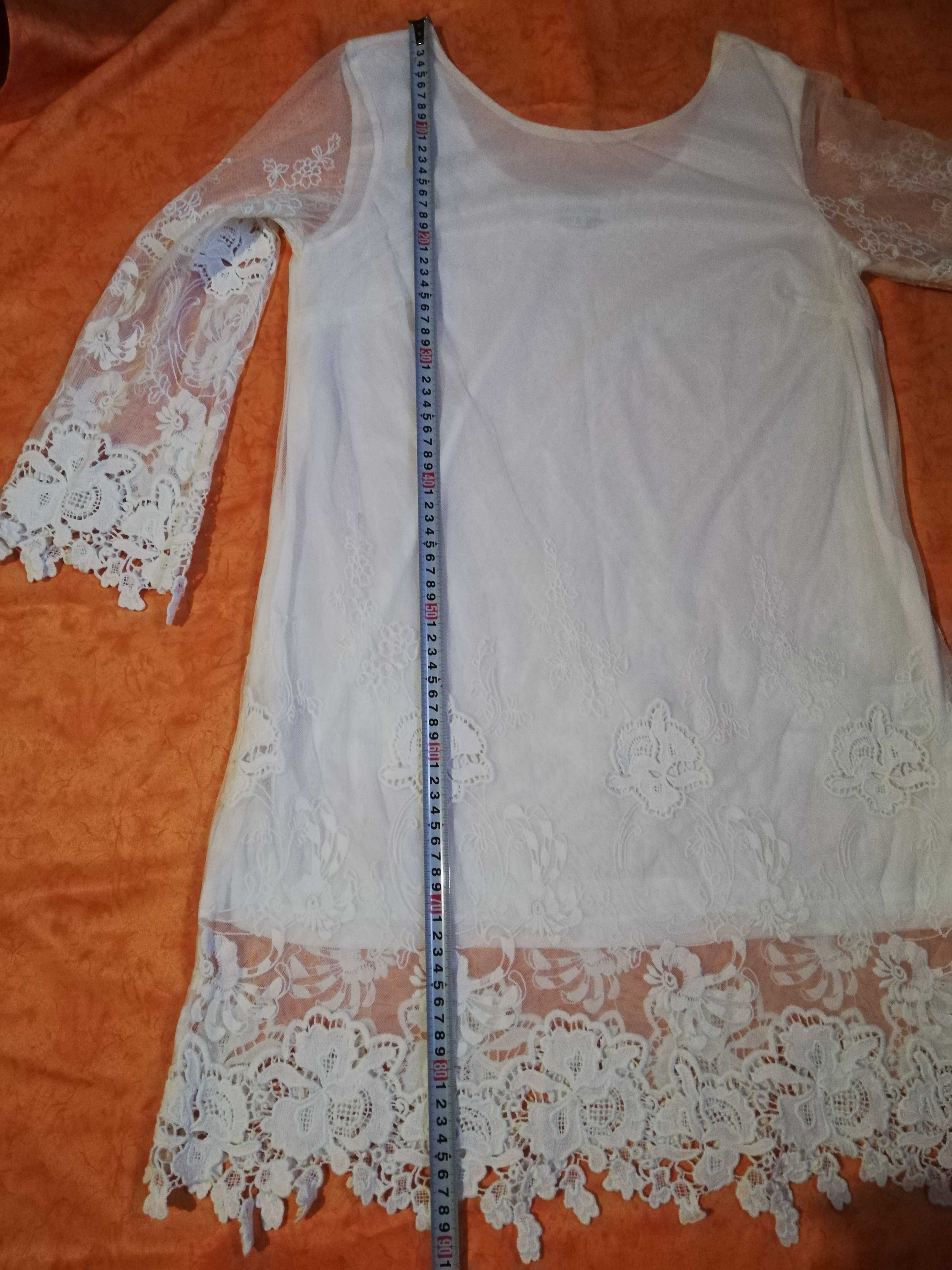 Biała koronkowa sukienka krótka midi, siatka, koronka, haft maszynowy
