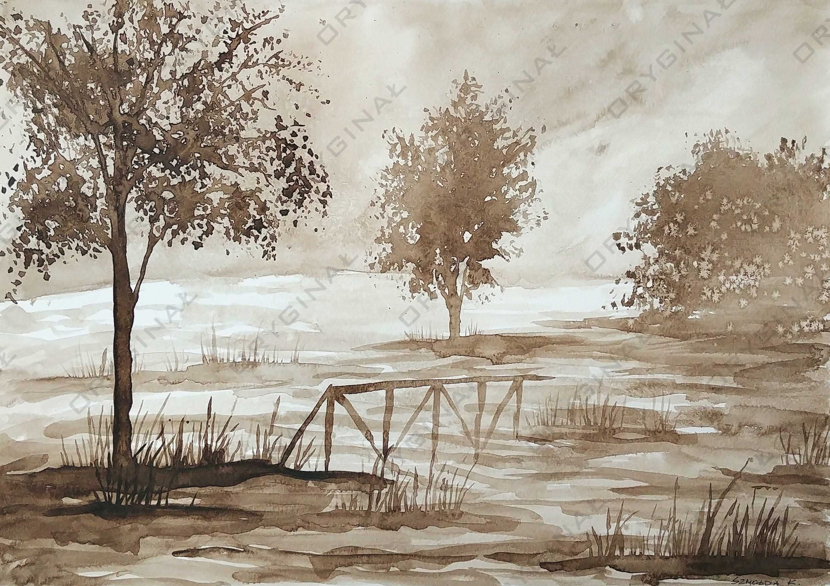 Obraz Rysunek wydruk 35 x 50 - akwarela - krajobraz, drzewa