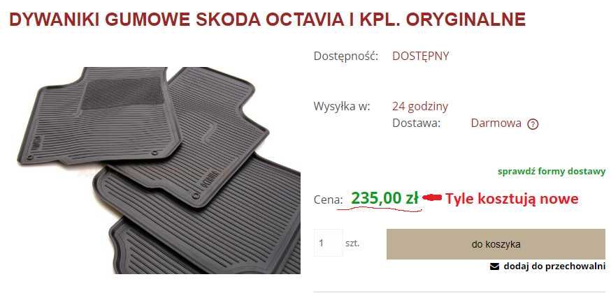 Dywaniki gumowe Skoda Octavia I, komplet, oryginał (nie chińczyk)